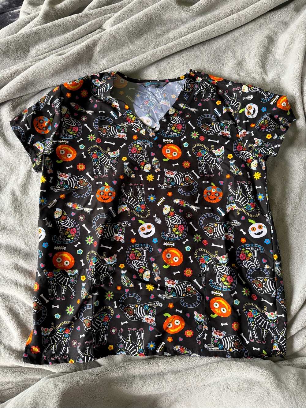 Day of the Dead Skeleton Cat Print Top - Black